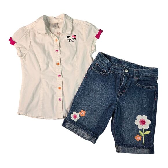 Gymboree Girls 2pc Outfit 7 Panda Button Up Top Floral Denim Jean Bermuda Shorts - Picture 1 of 16